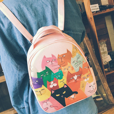 爆款女包卡通可爱原创猫咪印花双肩包旅行背包学生书包一件代发