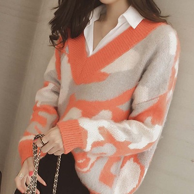 秋季新款毛衣2016韩版宽松迷彩针织衫女V领套头长袖打底衫