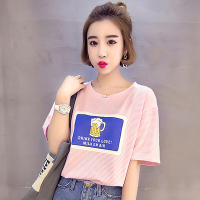 韩版2016新款短袖t恤女夏季新款条纹字母女装学生小清新运动款