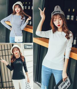 2016韩版秋装新款 女装纯色修身百搭套头长袖螺纹打底显胸大