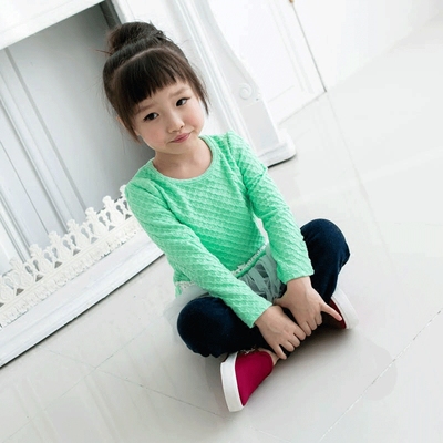 女童套头T恤2016秋季新款韩版纯棉提花圆领长袖蕾丝中小儿童上衣