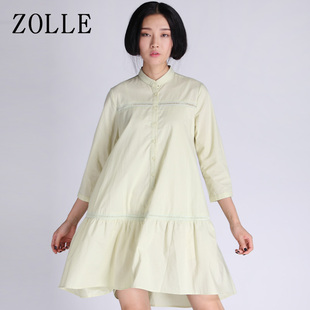 ZOLLE因为春季新品女装时尚文艺纯色宽松大码不规则纯棉a字连衣裙