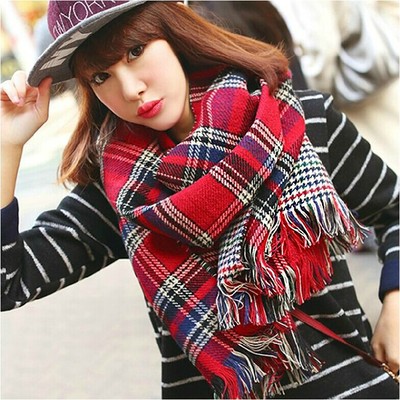 韩国冬季针织毛线双面格子披肩 韩版精品超长两用百搭学生围巾女