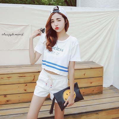 2016韩版夏装露肚脐性感短袖t恤女韩国短款宽松上衣 圆领字母