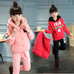 女童三件套装2016秋冬款韩版字母卡通小人毛巾绣加绒加厚童套装潮
