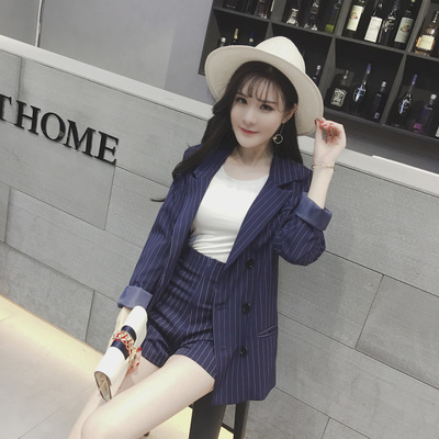 2016秋装韩版竖条纹西装领长袖外套+高腰短裤时尚两件套套装