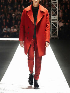 欧美潮流简约廓形中长款修身型桔红色羊绒羊毛呢大衣外套男