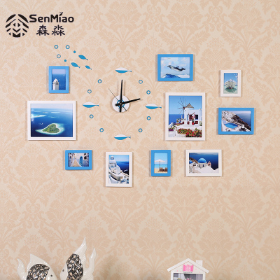 森淼鱼形钟表爱琴海实木照片墙创意组合客厅小墙面卧室挂画ZB5010