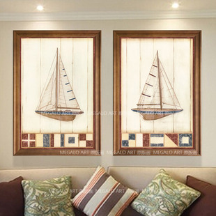 原版画芯现代美式装饰画客厅沙发墙双联挂画实木框壁画帆船赞礼
