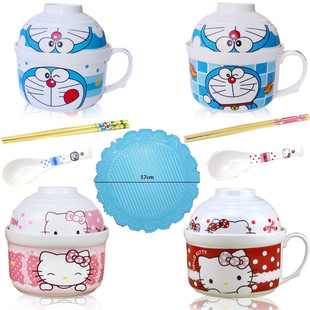 2015新款泡面碗 泡面杯 哆啦A梦 凯蒂猫创意可爱陶瓷泡面碗带盖碗