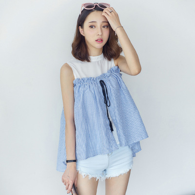 2016夏季新品韩版女装韩国条纹女式无袖T恤修身显瘦上衣