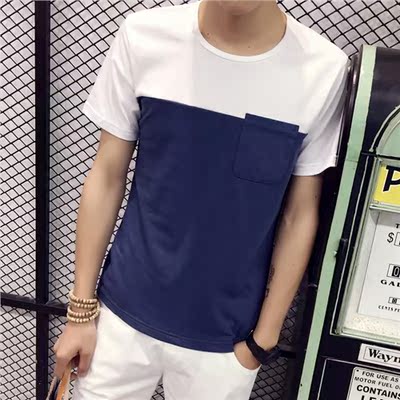 夏季韩版拼色体恤男士圆领打底衫修身学生短袖t恤青少年潮流上衣