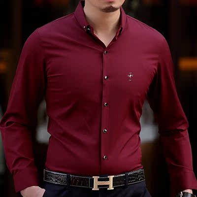 2016春季新款男士长袖衬衫中年商务修身纯色衬衣绅士免烫丝光衬衫