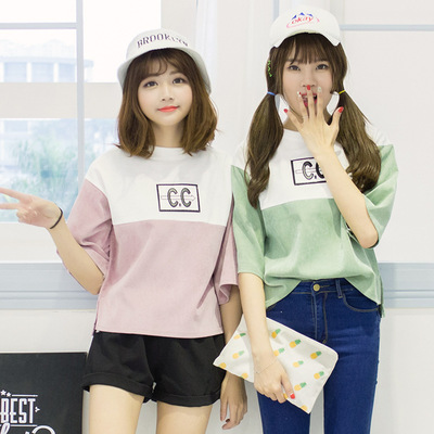 2016韩国夏款拼接半袖上衣女韩版灯芯绒字母口袋学生T恤女潮
