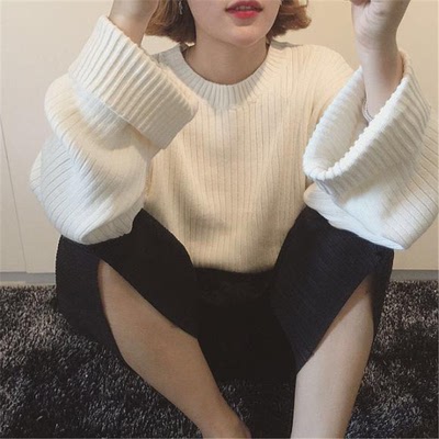 2016新品女装 韩版时尚宽松BF风纯色圆领喇叭大袖子套头毛衣