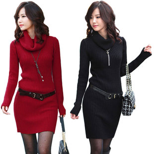 冬季韩版品质女装高领毛衣女款修身衣服长款包臀毛衣裙针织衫潮流
