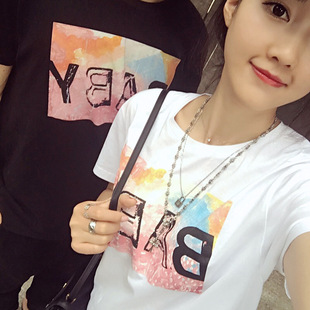 2016春夏韩版女装新款 BABY字母短袖黑白纯棉T恤 女情侣款