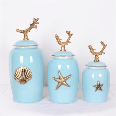 路克马丁欧式简欧美式家居饰品海洋陶瓷罐子新中式陶瓷罐子铜包瓷