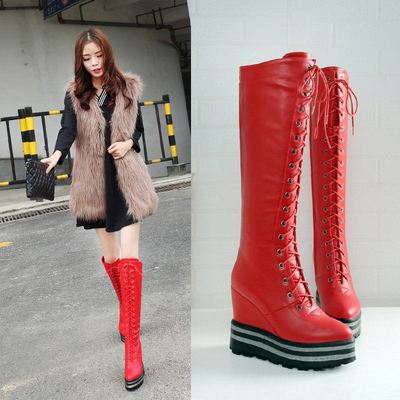 女鞋高筒长靴子内增高韩版坡跟平底高跟保暖加绒厚棉黑红色秋冬季