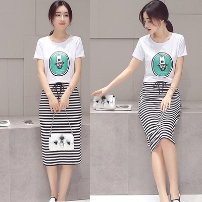 2016夏季新品韩版女装文艺范显瘦时尚休闲T恤+条纹半身裙子两件套