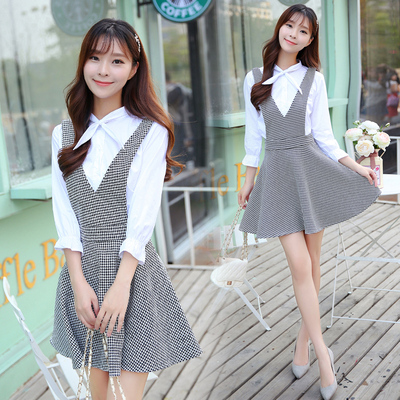 2015秋韩版衬衣二件套连衣裙修身显瘦千岛格子学院风公主裙