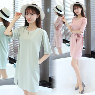 2016夏装新款韩版女装纯色蝙蝠袖连衣裙大码宽松收腰裙子