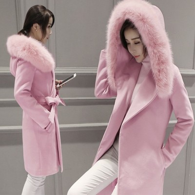 2017冬季新款韩版女装毛呢外套中长款修身连帽大毛领羊毛尼大衣