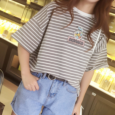 夏季韩版女装休闲宽松显瘦卡通条纹短袖纯棉T恤女半袖体恤衫