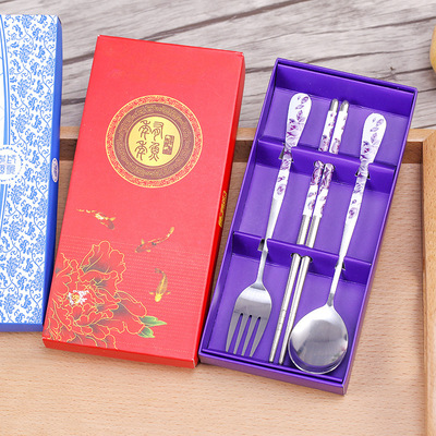 金属创意花纹餐具套装筷子水果叉汤勺子不锈钢野餐带饭餐具三件套