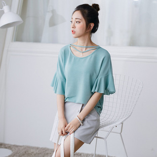 夏季新款韩版时尚领口镂空项链短袖t恤女宽松腰纯色百搭体恤衫