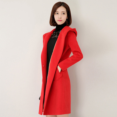2016韩国中长款双面呢大红色连帽毛呢外套女呢子羊毛大衣修身长袖