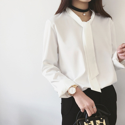 韩国仿丝绸飘带打结气质宽松款长袖雪纺衬衫女黑色白衬衫OL