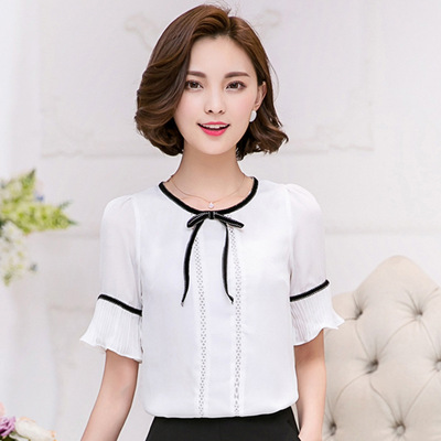 2016夏季新韩版甜美公主套头蝴蝶结短袖雪纺衬衫T恤上衣大码女装