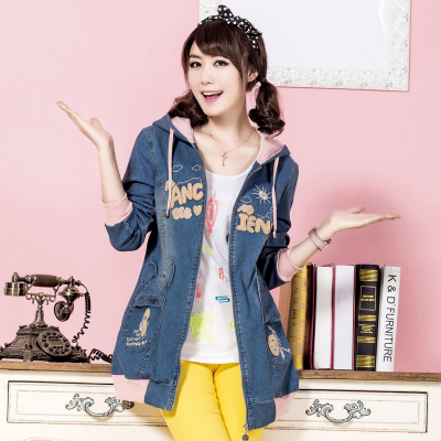 【天天特价】少女韩版高中学生外套青少年中长款春秋牛仔风衣外套