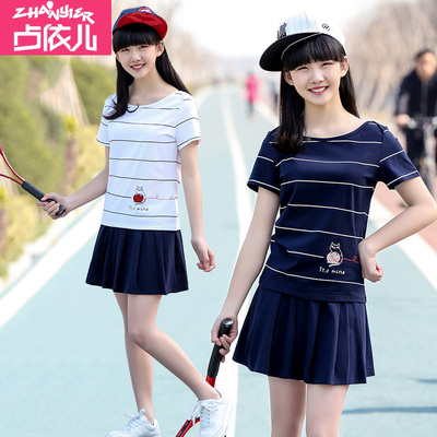 少女夏装短袖t恤百褶裙两件套 2017韩版中学生运动裙裤女大童套装