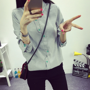 2016新款韩版时尚休闲长袖女衬衫宽松直筒打底衫立领纯色衬衣女
