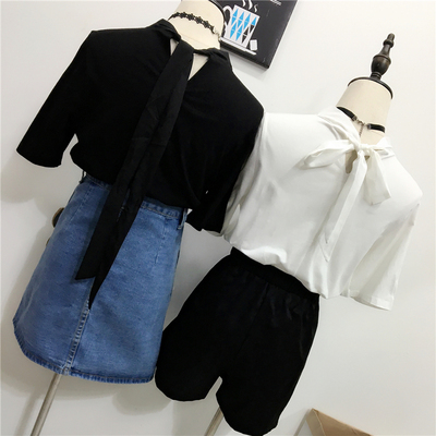 2016夏季韩版气质款 小高领后背系带好质感黑白两色短袖T恤女上衣