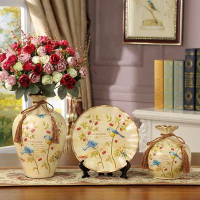 欧式陶瓷三件套美式家居花瓶摆盘套装客厅装饰品特价架礼品摆件