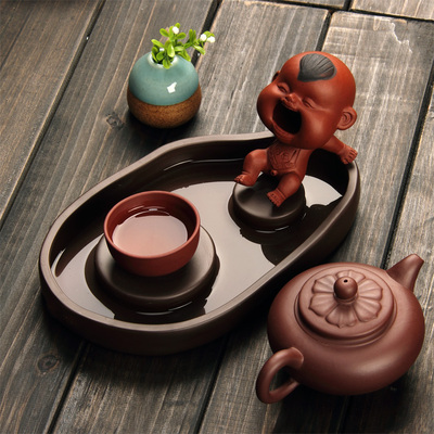 一壶两杯茶具 宜兴紫砂茶具 聚宝盆椭圆形流线设计紫砂茶盘储水式
