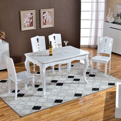 包邮欧式大理石餐桌长方形餐台白色钢琴烤漆实木餐桌一桌六椅组合
