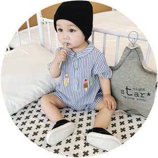韩版夏季宝宝条纹冰淇淋连体衣 婴幼儿短袖哈衣小童时尚爬服0-2岁