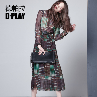 D－PLAY2016春新品欧美墨绿格纹长袖衬衫长裙 复古印花雪纺连衣裙