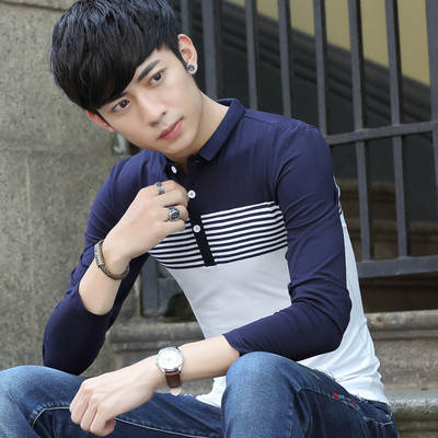 卡宾品牌秋季男装长袖T恤青少年学生韩版条纹修身男简约打底衫潮