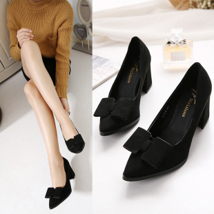 秋季新款韩版尖头浅口粗跟高跟鞋5-8厘米低跟黑色工鞋中跟女单鞋
