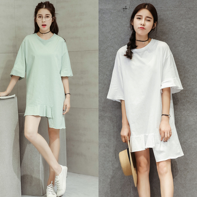 2016夏季新款 韩版宽松中长款短袖T恤裙不规则休闲连衣裙