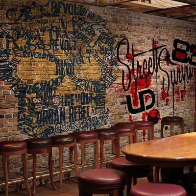 KTV休闲吧咖啡店客厅酒吧背景砖墙壁纸 手绘街头个性红砖涂鸦壁画