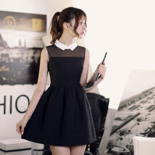 2015春夏新款韩系修身气质黑色优雅女式性感无袖雪纺连衣裙女短裙