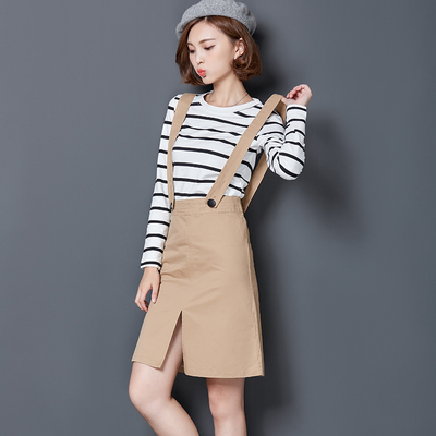 东大门 2016韩版女装夏装新款 修身条纹T恤+吊带裙 长袖两件套女