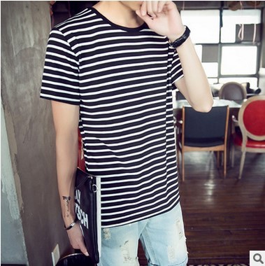 夏季男士条纹短袖t恤 男装韩版修身半袖体恤衫黑白单色打底文化衫