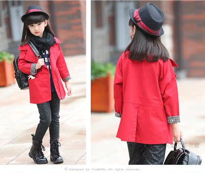 2016秋款上新童装时尚韩版新品女童拉链风衣外套儿童豹纹袖口大衣